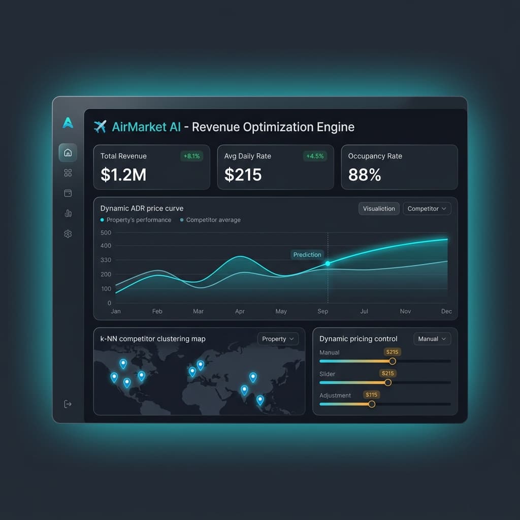 Mockup de plataforma SaaS AirMarket AI mostrando calendario de precios e indexador de competidores