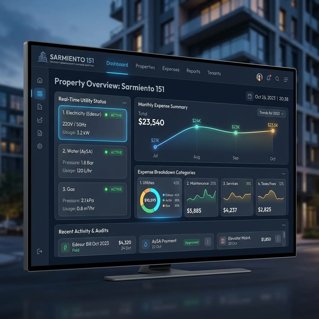 Dashboard Sarmiento 151 mostrando gráficos de expensas y widgets de servicios en vivo