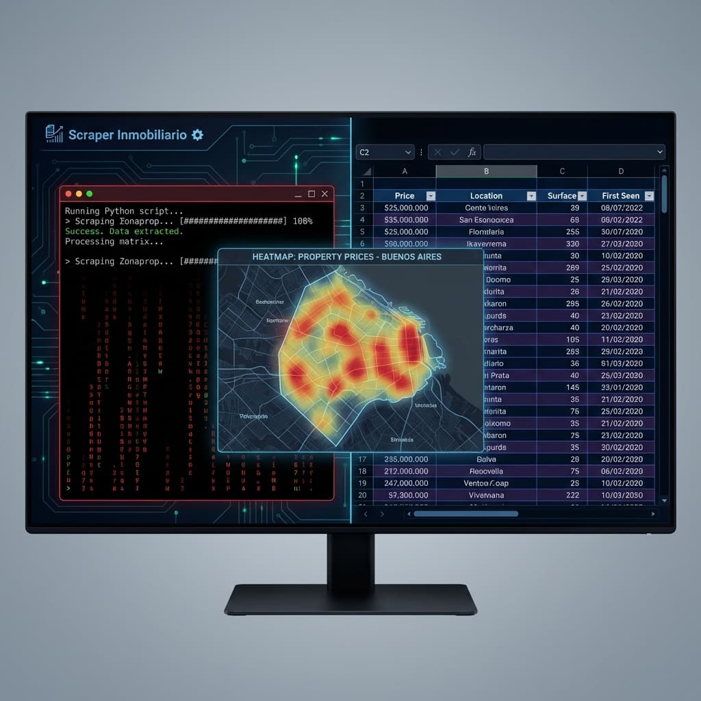 Dashboard de CABA Real Estate Scraper con mapa interactivo en React y métricas de mercado